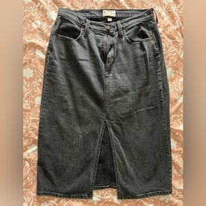 Distressed Black Denim Mid-Calf Skirt